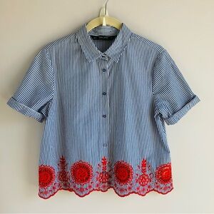 Zara Blouse Blue White Red Stripe Embroidered Cropped Short Sleeve Cotton EUC XS